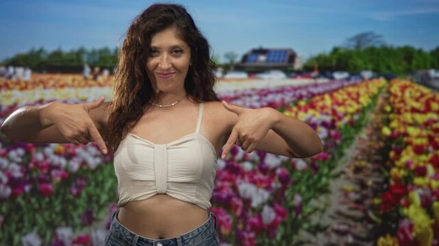 Woman smiling, pointing both fingers to her bare midriff in a sunny colorful tulip field near a farmhouse; confidence empowerment belief.