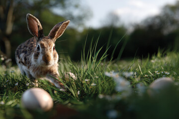 Obraz premium A rabbit hops through a vibrant field, surrounded by pastel-colored Easter eggs, capturing the essence of spring celebrations and the charm of nature's beauty.