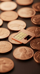Close-up of copper coin and golden SIM card, depicting value, communication, and technology, suitable for concepts related to finance and connection