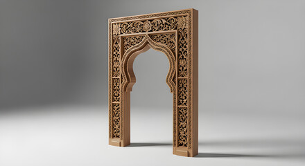 Elaborate carved wooden entryway with Arabic patterns and floral motifs, suggesting heritage and fine craftsmanship.