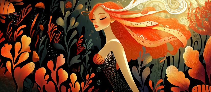 A mermaid among red corals. An illustration on the theme of graphics and fairy tales, drawings, and fantasy.