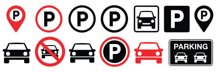 Parking and no parking map icon set, automobile parking zone and restriction symbols, parking lot pointer and traffic control signs, editable vector graphics, flat and stroke style © welcome saiful