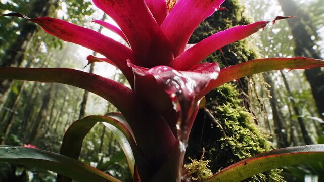 Vibrant pink bromeliad flower in lush tropical forest with sunlight filtering through trees