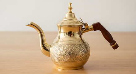 Shiny brass dallah coffee pot, adorned with detailed traditional carvings and a dark wooden handle, displayed on a light wood surface.