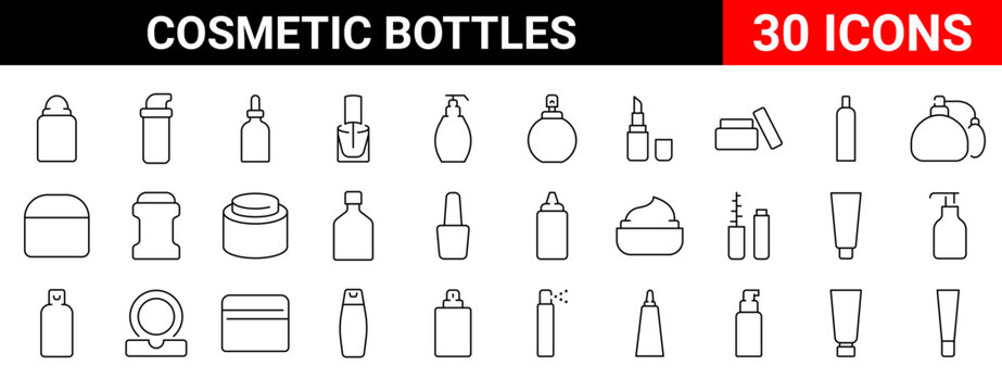 Cosmetic bottles web line icons. cosmetic, beauty, makeup, deodorant, lotion