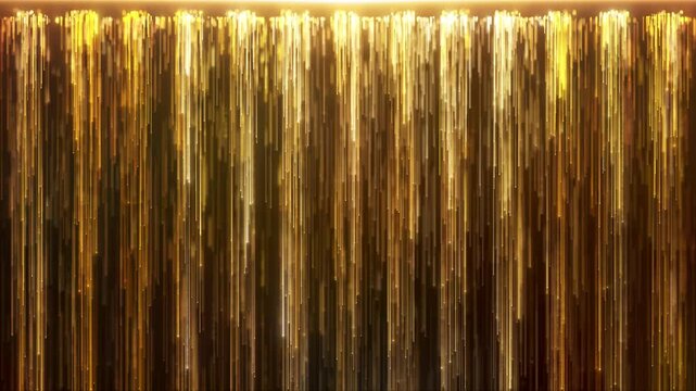 Luxury golden particle lines fall, gold particle lines cascade down like a waterfall, with golden particle rays continuously growing and falling, an elegant and beautiful background video of lines.