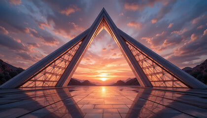 Modern triangular structure at sunset with mountainous landscape