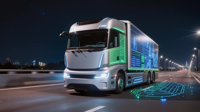 An autonomous trucking vehicle, bedecked with vibrant digital displays, navigates a nighttime highway, leveraging advanced road scanning and artificial intelligence