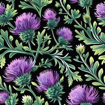 Purple thistle flowers and jagged green leaves create an elegant seamless pattern. 