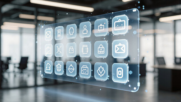 Minimalist Futuristic VR Interface with Floating Holographic Icons and Tech Office Bokeh