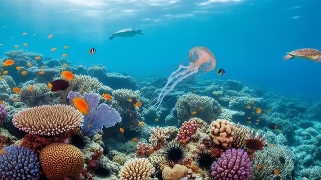 Vibrant underwater scene with colorful coral reef, fish, jellyfish, sea turtles, and bright light