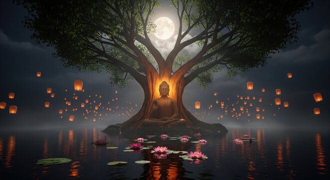 Buddha statue under tree with lanterns floating on serene lake at night