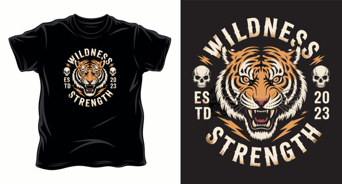 Tiger head wildness strength vintage t-shirt design with skulls and lightning t-shirt design print illustration