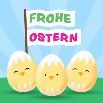 Sweet Cartoon Animation of 3 Easter Egg Chickens with German Happy Easter Text (Frohe Ostern) in Wavy Banner Flag in a Spring Landscape with Sunburst - 4K Square Seamless Loop Video