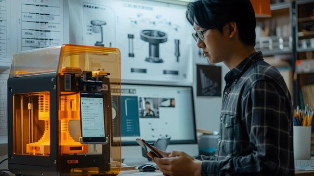 An engineer efficiently manages 3D printing process, smartphone hand, in highly organized workspace, harnessing technology creativity for innovation. Enhancing productivity tools surround 3D printer