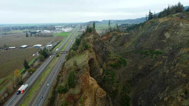 US, OR, Eugene, , 2025-11-23 - Drone view of an old abandoned quarry next to I-5 just north of the city in fall