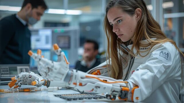 An engineer conducts a thorough analysis of advanced robotic prosthetic limbs in a state-of-the-art laboratory, evaluating their innovative functions and technological capabilities