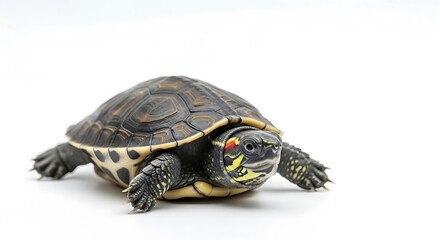 Obraz premium Curious pet turtle with colorful head markings on white background