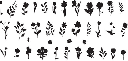 Minimalist black and white floral silhouette collection isolated on white background, Vector, illustration