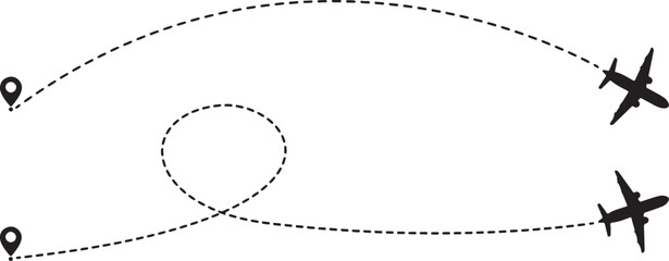 Minimalist flight path illustration with airplanes and landmarks isolated on white background, Vector, illustration