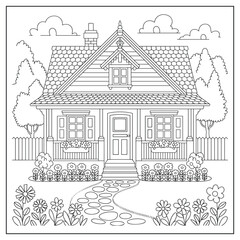 Fototapeta premium Cute Cottage House with Garden and Stone Path Outline Illustration
