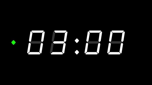 4-digits 30 second digital clock counting up from 0, with seconds and milliseconds. Clean white digits on black background. Retro digital alarm clock with glow and light noise, and a green dot.