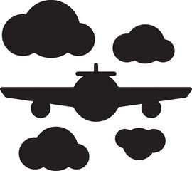Minimalist black silhouette airplane flying among clouds isolated on white background, Vector, illustration