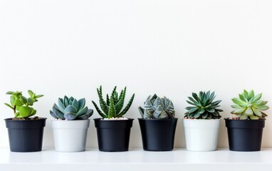 Fototapeta premium A row of various succulents in black and white pots against a plain white wall
