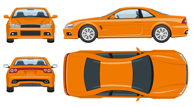 Sports car vector template with simple colors without gradients and effects. View from side, front, back, and top