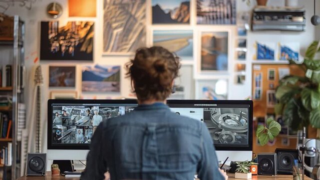 An individual sits attentively at a desk with multiple computer screens, surrounded by a thoughtful arrangement of photographs and lush plants, cultivating a harmonious blend of productivity, focus