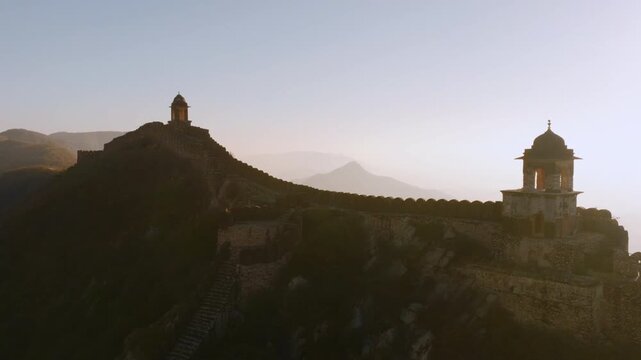 Cinematic Aerial Drone View of Nahargarh Fort Wall at Sunset, Jaipur, India