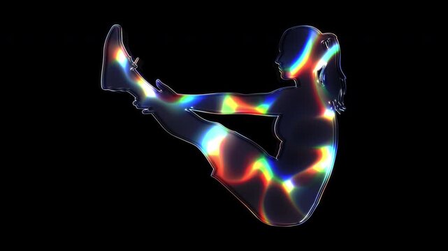 A jackknife-situp woman shimmering with various colored lights on a glass-like surface with an alpha channel. Seamless loop video.
