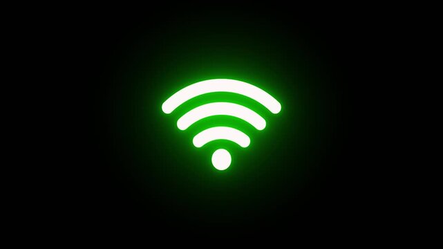 Neon shiny green color icon animation without internet connection, no wifi animation. Disconnected sign.