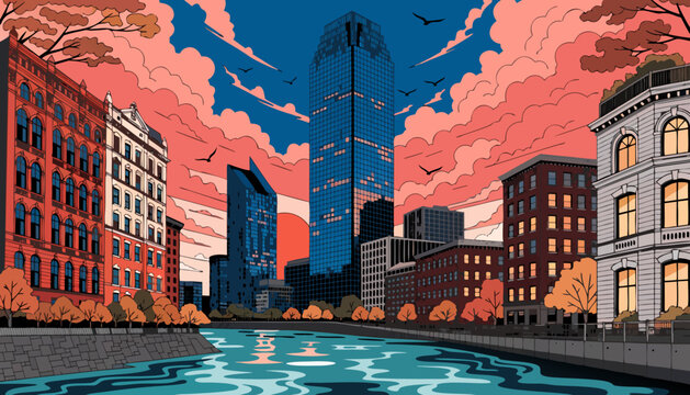 Urban riverfront cityscape with historic buildings contrasting modern towering skyscraper at dramatic sunset minneapolis skyline vector