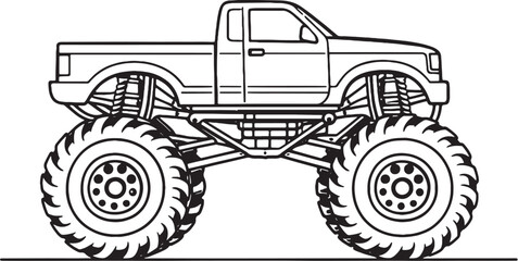 Monster Truck Vehicle Black and White Line Art Side View Off Road Entertainment Illustration.eps © luu