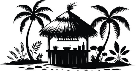 Obraz premium Tropical beach hut with palm trees and bottles island summer vacation vector illustration