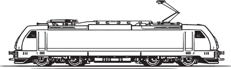 Electric Locomotive Engine Black and White Line Art Railway Transport.eps © luu