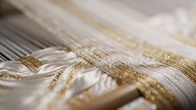 Close-up of luxurious silk and gold threads being woven on a loom, creating a shimmering textile.