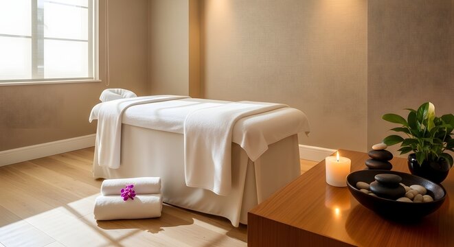 Serene spa treatment room with massage tables and warm ambiance lighting