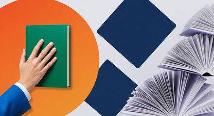 Image shows a hand holding a green book against an orange circle and open book background, representing education, knowledge, and learning concept