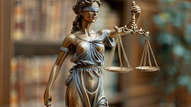 A bronze Lady Justice statue, symbolizing fairness, is prominently displayed on a shelf surrounded by law books, holding balanced scales while blindfolded