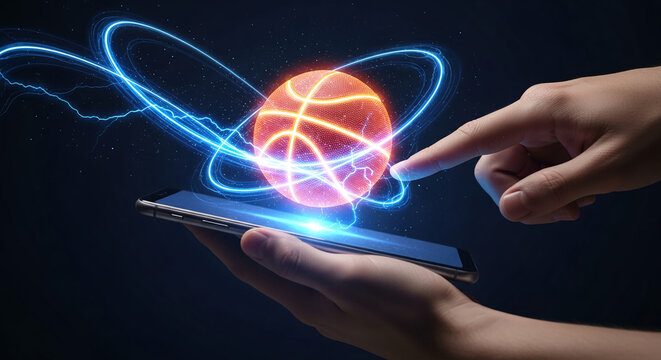 Hand interacts with a digital basketball via a smartphone, surrounded by blue energy, suggesting digital sport, interactive technology and the future