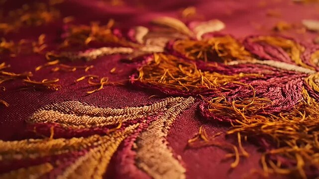 Exquisite Saffron Threads Forming Intricate Patterns on a Rich Red Silk Tapestry