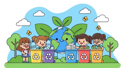 Children celebrating earth day with recycling bins and a smiling earth