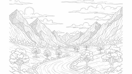 Obraz premium Serene Mountain Valley with Flowing River Line Art for Coloring