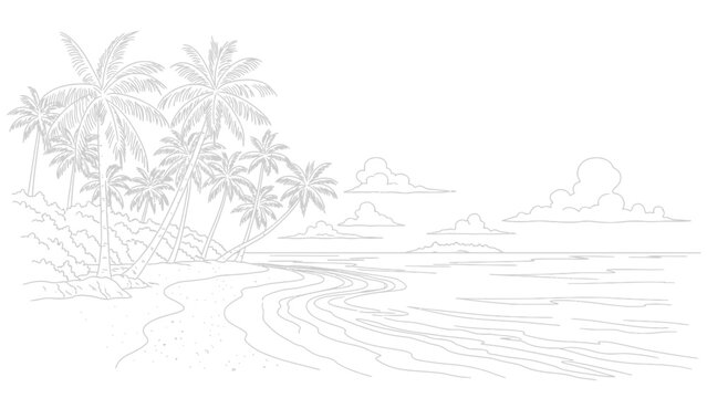 Tropical beach with palm trees and ocean waves, line art.