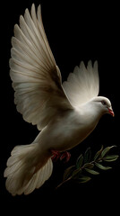 Obraz premium detailed illustration of white dove flying with olive branch isolated on black background wings spread concept of peace symbol religion and humanitarian values