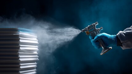 Fototapeta premium Gloved hand operates spray gun applying protective edge coating to large stack of white paper, concept for printing process automation, industrial binding technology and quality assurance operations