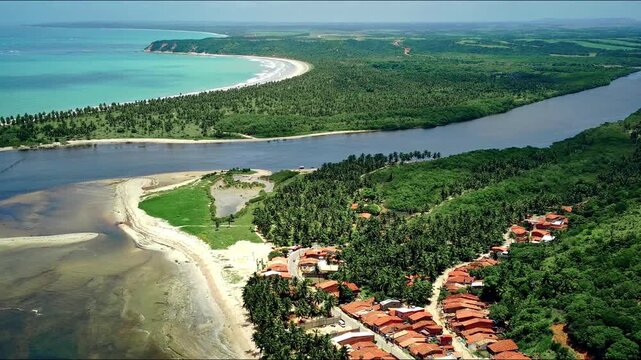 Aerial view of the hidden village where the river meets the Caribbean Sea in northeastern Brazil