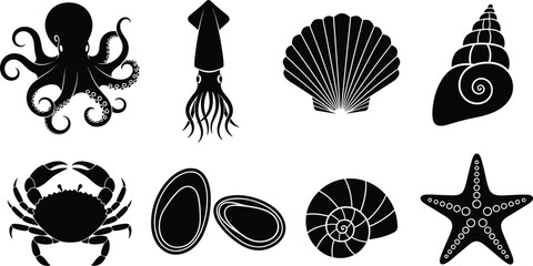 Marine animal silhouette vector illustration, ocean creatures design, crab octopus squid starfish shells art, black sea life decorative concept © Anamul Arafat